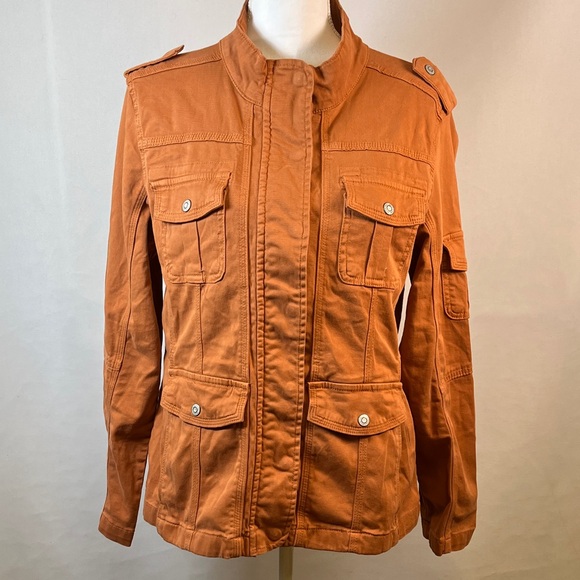 Kensie Utility Jacket Burnt Orange Cotton Twill Cargo Military Chore Jacket L - Picture 1 of 8